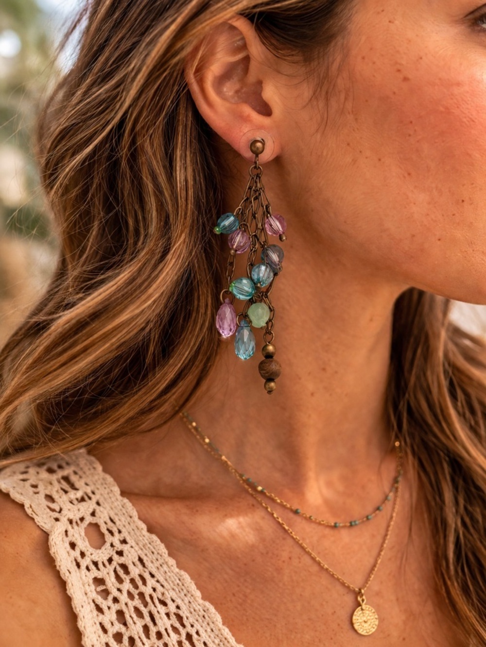 Boho Pastel Glass Bead Dangle Earrings with Antique Brass Chains Festival